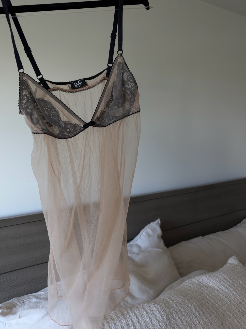Dolce & Gabbana Sheer Nude Chemise with Black Lace Trim